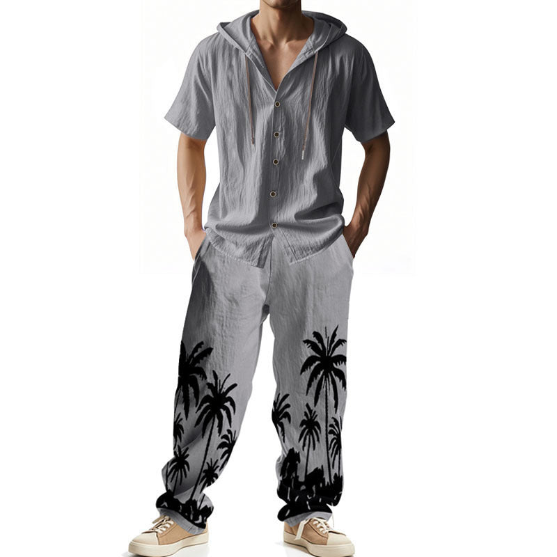 Men’s American Style Hooded Short-Sleeve Shirt & Trousers Set