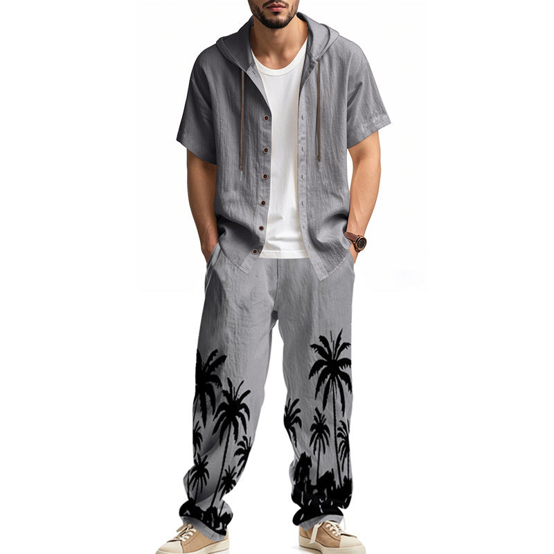 Men’s American Style Hooded Short-Sleeve Shirt & Trousers Set