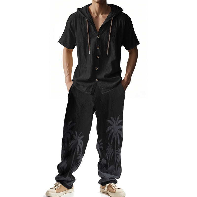 Men’s American Style Hooded Short-Sleeve Shirt & Trousers Set