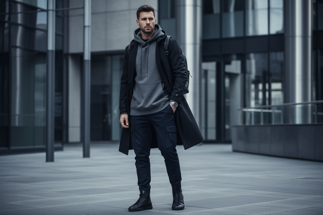 Image: A confident man wearing your clothing (e.g., minimalist streetwear, casual suit, or fall jacket).
Mood: Modern, confident, cool-toned (gray, navy, black).