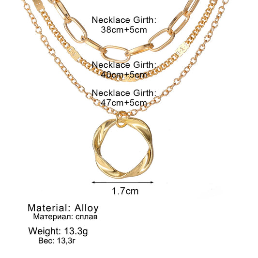 Gold Multi-Layered Chain Necklace with Circle Pendant
