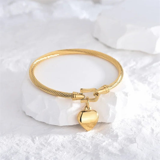 Gold Heart Charm Bangle – Stainless Steel