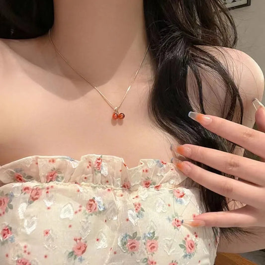 Red Cherry Pendant Necklace with Golden Chain