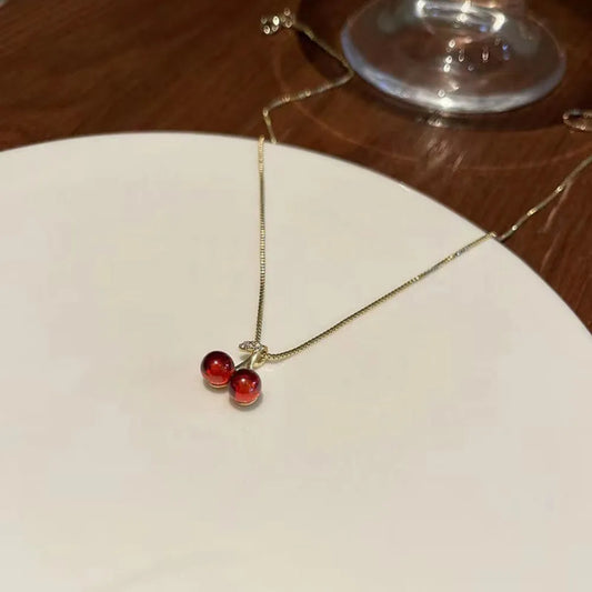 Red Cherry Pendant Necklace with Golden Chain
