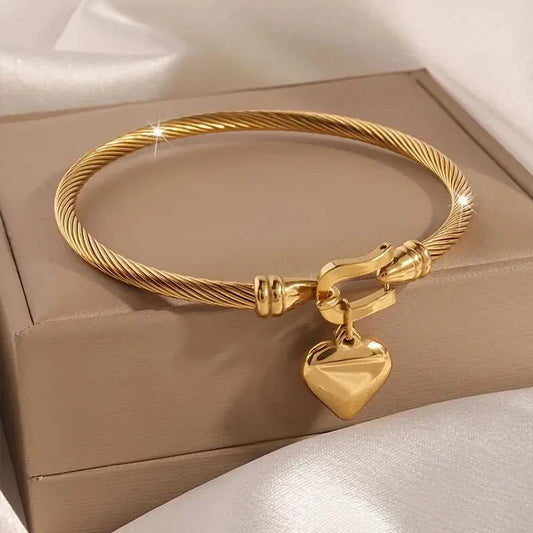Gold Heart Charm Bangle – Stainless Steel