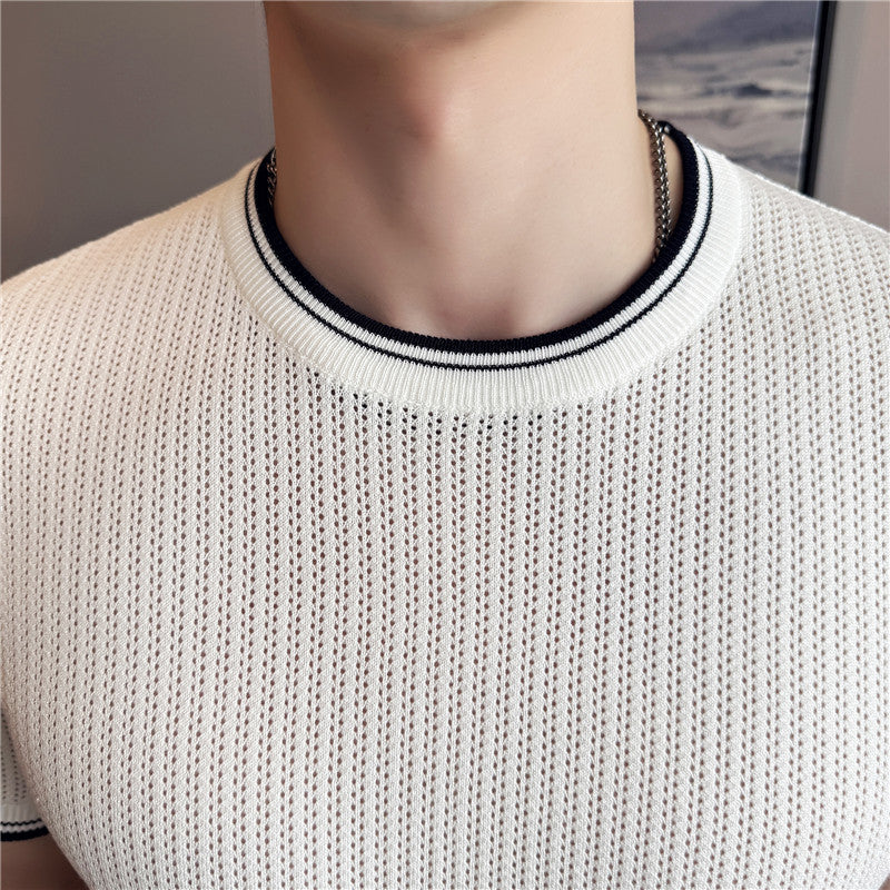 Men’s Slim Fit Round Neck T-Shirt with Contrast Color Detail – Stretch Knitted Comfort