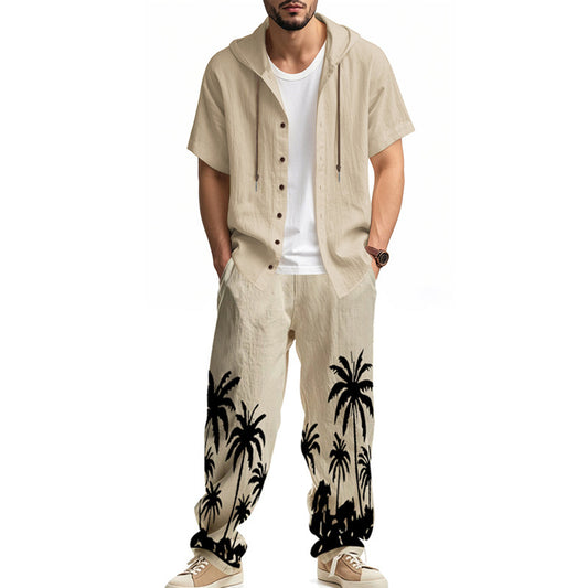 Men’s American Style Hooded Short-Sleeve Shirt & Trousers Set